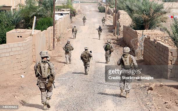 marine riflemen provide security for combat engineers with engineer company, marine wing support squadron 373, 3rd marine aircraft wing (forward) while engaging in a route repair mission in combat outpost falcon, iraq. - iraq military stock pictures, royalty-free photos & images