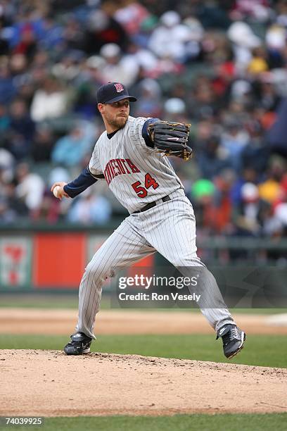 Matt Guerrier of the Minnesota Twins pitches during the game against the Chicago White Sox at U.S. Cellular Field in Chicago, Illinois on April,...