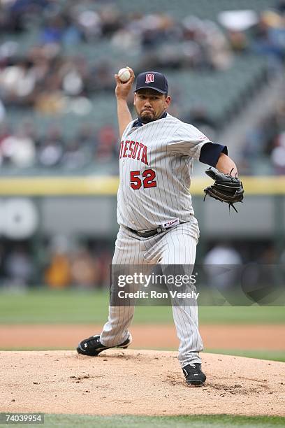 Carlos Sllva of the Minnesota Twins pitches during the game against the Chicago White Sox at U.S. Cellular Field in Chicago, Illinois on April 7,...