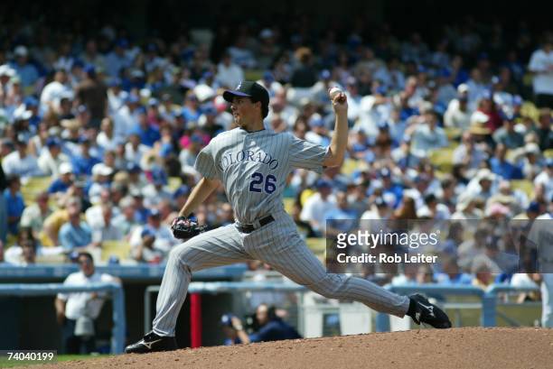 Jeff Francis of the Colorado Rockies pitches during the game against the Los Angeles Dodgers at Dodger Stadium in Los Angeles, California on April 9,...