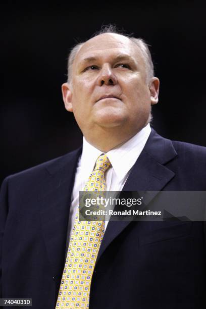 Head coach George Karl of the Denver Nuggets looks on against the San Antonio Spurs in Game Two of the Western Conference Quarterfinals during the...