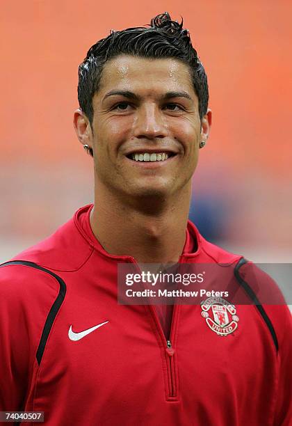 Cristiano Ronaldo of Manchester United in action during a first team training session ahead of their UEFA Champions League Semi-Final Second Leg...