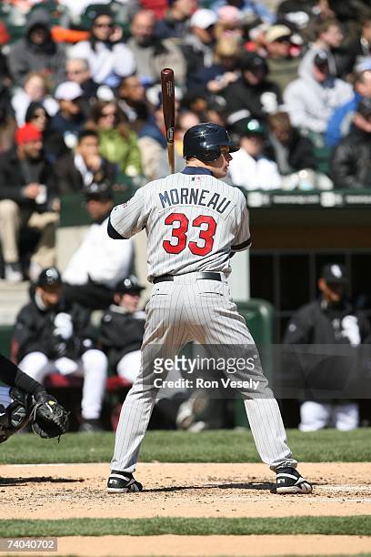 Justin Morneau of the Minnesota Twins bats during the game against the Chicago White Sox at U.S. Cellular Field in Chicago, Illinois on April 8,...