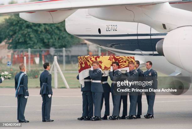The coffin of Diana, Princess of Wales arriving at RAF Northolt, from Paris after her death in a car crash, 31st August 1997