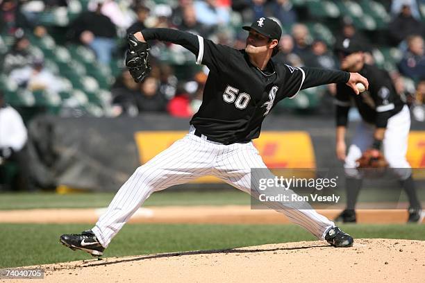 John Danks of the Chicago White Sox pitches during the game against the Minnesota Twins at U.S. Cellular Field in Chicago, Illinois on April 8, 2007....