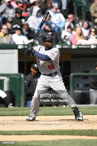 Torii Hunter of the Minnesota Twins bats during the game against the Chicago White Sox at U.S. Cellular Field in Chicago, Illinois on April 8, 2007....