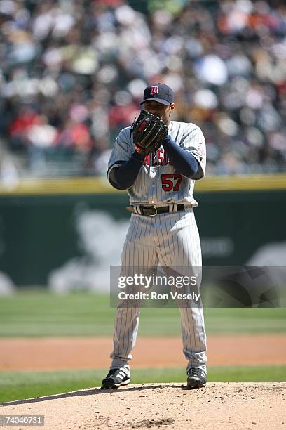 Johan Santana of the Minnesota Twins pitches during the game against the Chicago White Sox at U.S. Cellular Field in Chicago, Illinois on April 8,...