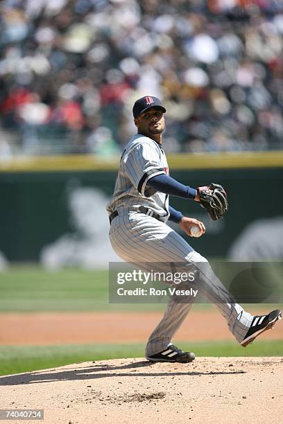 Johan Santana of the Minnesota Twins pitches during the game against the Chicago White Sox at U.S. Cellular Field in Chicago, Illinois on April 8,...