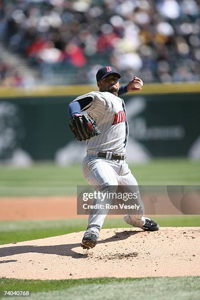 Johan Santana of the Minnesota Twins pitches during the game against the Chicago White Sox at U.S. Cellular Field in Chicago, Illinois on April 8,...