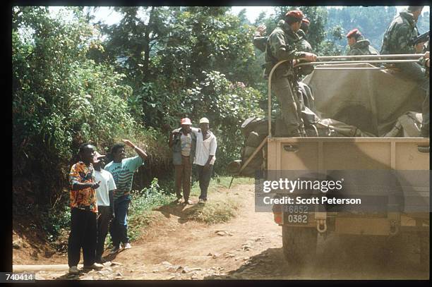 French patrol near Shangi Parish is welcomed by Hutus June 24, 1994 in Cyangugu, Rwanda. On April 29 four thousand Tutsis were killed at the parish...