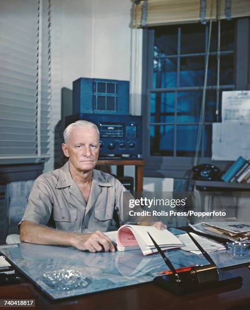 American United States Navy fleet admiral Chester W Nimitz pictured sitting at a desk in an office circa 1945. Admiral Nimitz is Commander in Chief...