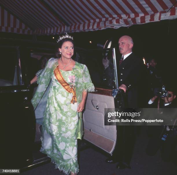 Princess Margaret, Countess of Snowdon arrives at the Embassy of Japan in London for an official dinner hosted by Emperor Hirohito of Japan in...