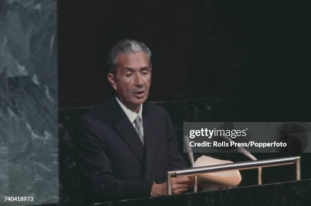 Italian politician and Minister of Foreign Affairs, Aldo Moro addresses the United Nations Assembly Hall in New York in 1971.