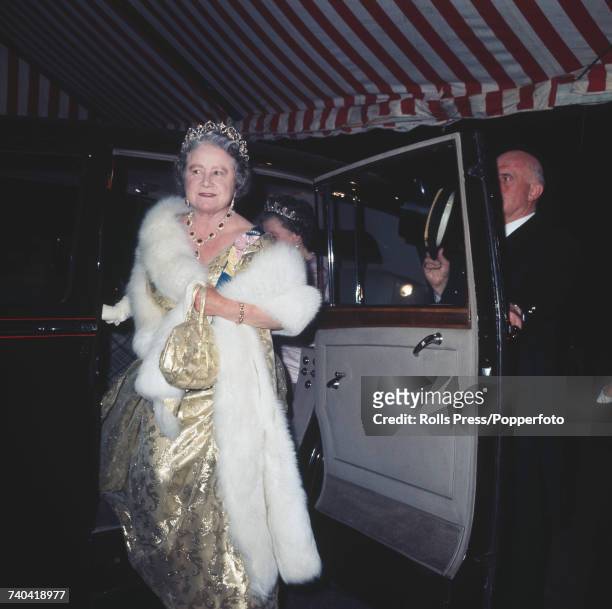 Queen Elizabeth The Queen Mother arrives at the Embassy of Japan in London for an official dinner hosted by Emperor Hirohito of Japan in October...