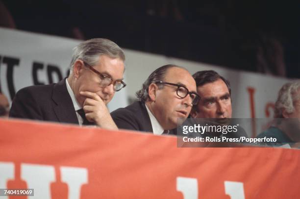 British Labour Party politicians, from left, Shadow Home Secretary, James Callaghan , Shadow Chancellor of the Exchequer, Roy Jenkins and Shadow...