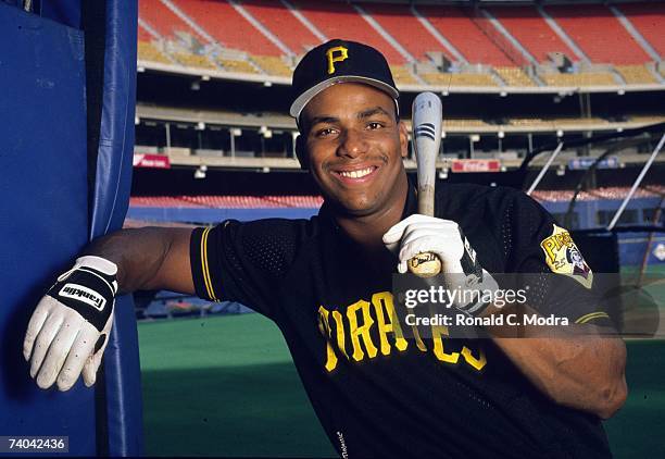 Bobby Bonilla of the Pittsburgh Pirates poses in the dugout in 1991 in Pittsburgh, Pennsylvania.