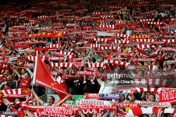 Liverpool fans in the KOP End cheer prior to the UEFA Champions League semi final second leg match between Liverpool and Chelsea at Anfield on May 1,...