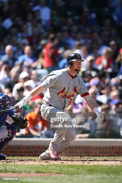 Chris Duncan of the St. Louis Cardinals bats during the game against the Chicago Cubs at Wrigley Field in Chicago, Illinois on April 20, 2007. The...