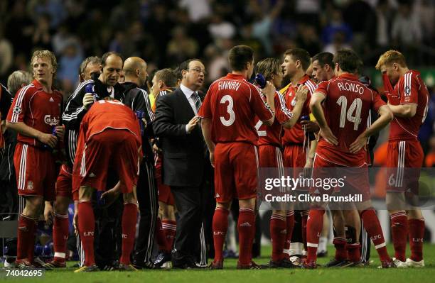 Rafael Benitez Manager of Liverpool gives his team instructions after full time prior to extra time begining,during the UEFA Champions League semi...