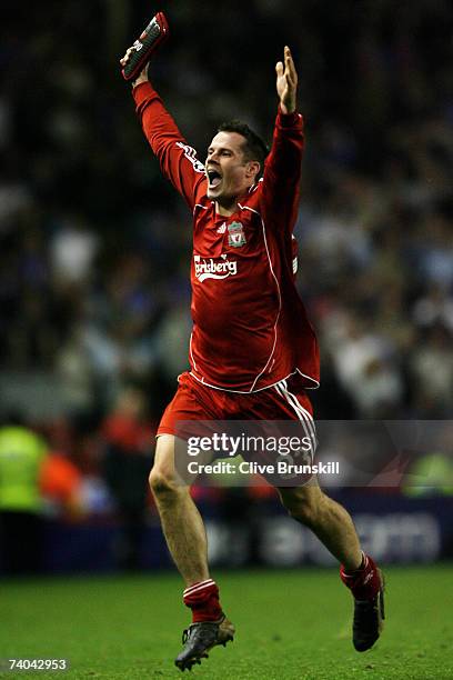 Jamie Carragher of Liverpool celebrates after his team won the UEFA Champions League semi final second leg match between Liverpool and Chelsea at...