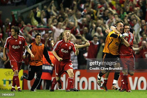 The Liverpool team celebrates after they won the UEFA Champions League semi final second leg match between Liverpool and Chelsea at Anfield on May 1,...