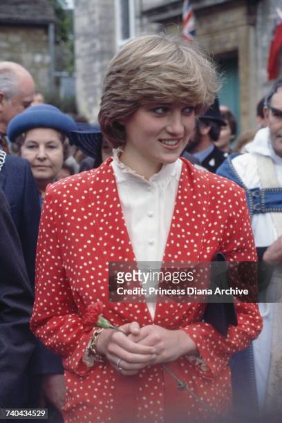 Lady Diana Spencer during her first 'walkabout' with fiance Prince Charles, in Tetbury, Gloucestshire, 22nd May 1981. She is wearing a suit by Jasper...