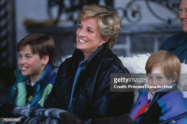 Princess Diana with her sons Prince William and Prince Harry on a skiing holiday in Lech, Austria, 30th March 1993.