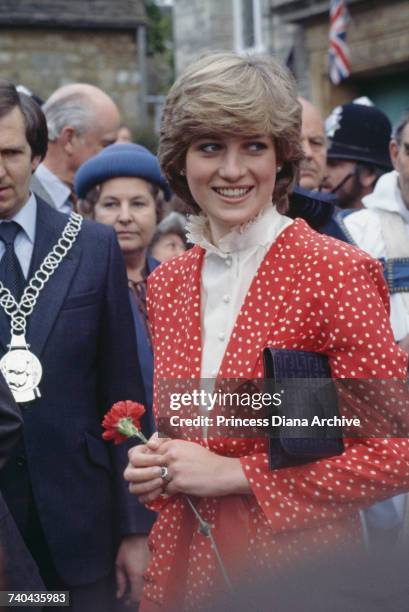 Lady Diana Spencer during her first 'walkabout' with fiance Prince Charles, in Tetbury, Gloucestshire, 22nd May 1981. She is wearing a suit by Jasper...