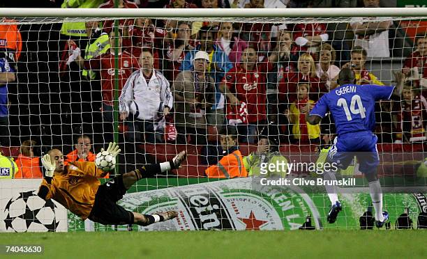 Pepe Reina of Liverpool saves the penalty from Geremi of Chelsea during the UEFA Champions League semi final second leg match between Liverpool and...
