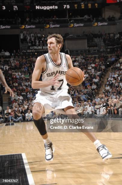 Brent Barry of the San Antonio Spurs dribbles against the Denver Nuggets during the game at the AT&T Center on April 18, 2007 in San Antonio, Texas....