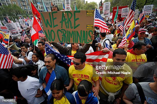 Demonstrators in support of immigrant's rights march from an immigration reform rally in Union Square on May 1, 2007 in New York City. The protest...
