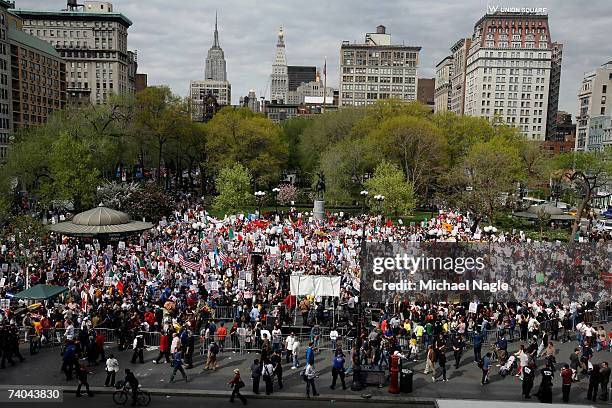 Demonstrators protest during an immigration reform rally in Union Square on May 1, 2007 in New York City. The protest was one of many held around the...