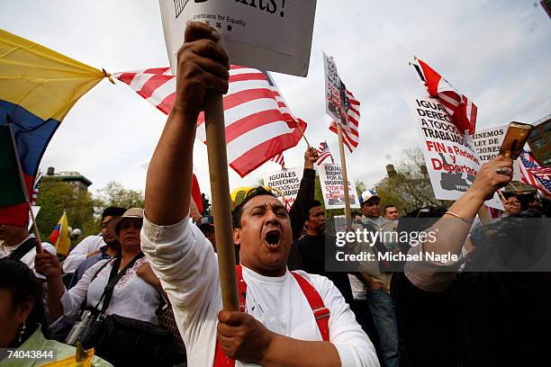 Demonstrators protest during an immigration reform rally in Union Square on May 1, 2007 in New York City. The protest was one of many held around the...