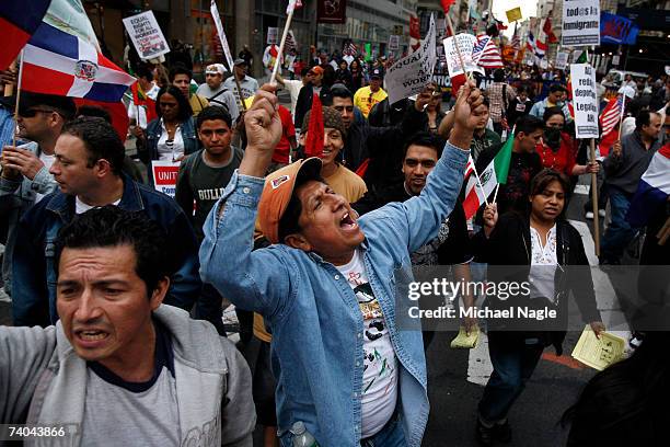 Demonstrators march from Union Square to Foley Square during an immigration reform rally on May 1, 2007 in New York City. The protest was one of many...
