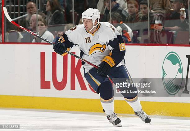 Tim Connolly of the Buffalo Sabres skates against the Philadelphia Flyers during their NHL game at Wachovia Center on April 8, 2007 in Philadelphia,...