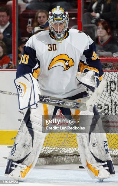 Goaltender Ryan Miller of the Buffalo Sabres warms up prior to their NHL game against the Philadelphia Flyers at Wachovia Center on April 8, 2007 in...