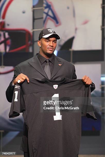 Quarterback JaMarcus Russell of LSU poses for a photo after being drafted by the Oakland Raiders during the 2007 NFL Draft on April 28, 2007 at Radio...