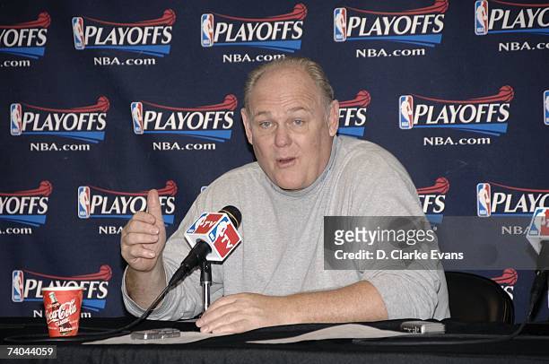 Head coach George Karl of the Denver Nuggets talks to the media following the game against the San Antonio Spurs in Game Two of the Western...
