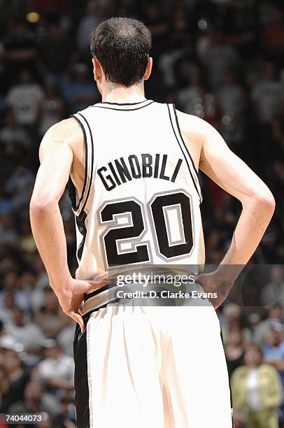 Manu Ginobili of the San Antonio Spurs looks on against the Denver Nuggets in Game Two of the Western Conference Quarterfinals during the 2007 NBA...