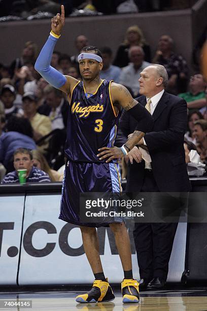 Allen Iverson of the Denver Nuggets gestures during the game against the San Antonio Spurs in Game Two of the Western Conference Quarterfinals during...