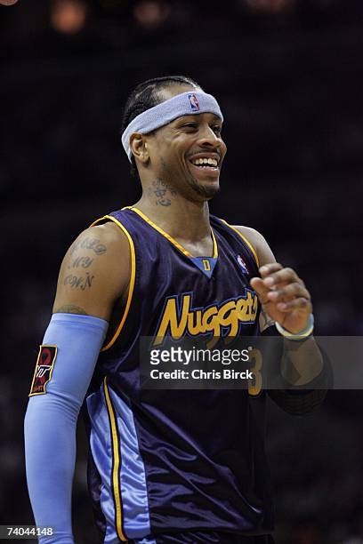 Allen Iverson of the Denver Nuggets smiles during the game against the San Antonio Spurs in Game Two of the Western Conference Quarterfinals during...