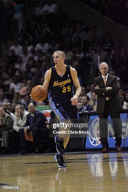 Steve Blake of the Denver Nuggets dribbles against the San Antonio Spurs in Game Two of the Western Conference Quarterfinals during the 2007 NBA...