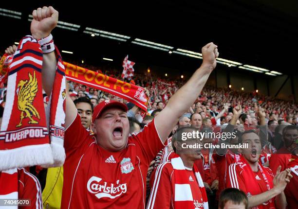 Liverpool fans in the KOP End cheer prior to the UEFA Champions League semi final second leg match between Liverpool and Chelsea at Anfield on May 1,...