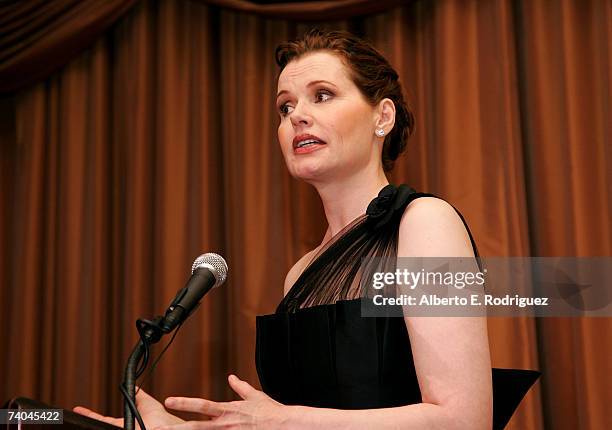 Actress Geena Davis speaks during the celebration honoring her as this year's Hollywood Hero by USA Today for the See Jane Program at the Beverly...