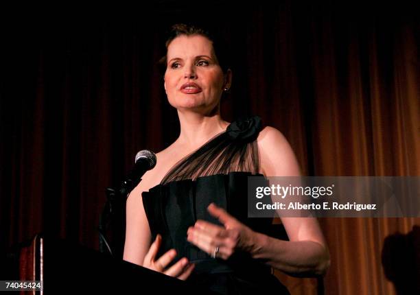 Actress Geena Davis speaks during the celebration honoring her as this year's Hollywood Hero by USA Today for the See Jane Program at the Beverly...