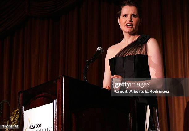 Actress Geena Davis speaks during the celebration honoring her as this year's Hollywood Hero by USA Today for the See Jane Program at the Beverly...