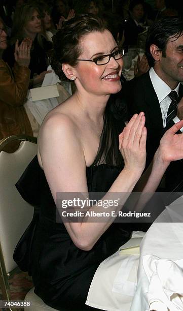 Actress Geena Davis sits in the audience during the celebration honoring Geena Davis as this year's Hollywood Hero by USA Today for the See Jane...