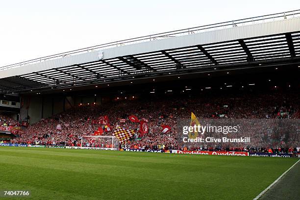 Liverpool fans in the KOP End cheer prior to the UEFA Champions League semi final second leg match between Liverpool and Chelsea at Anfield on May 1,...