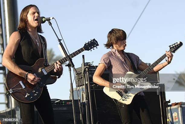 Caleb Followill and Jared Followill of the Kings of Leon perform as part of the Coachella Valley Music and Arts Festival at the Empire Polo Fields on...