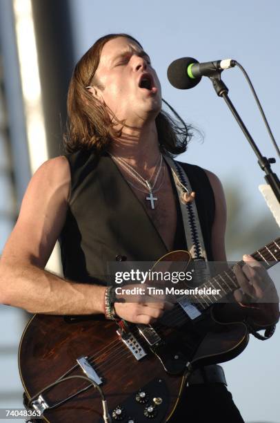 Caleb Followill and the Kings of Leon perform as part of the Coachella Valley Music and Arts Festival at the Empire Polo Fields on April 28, 2007 in...